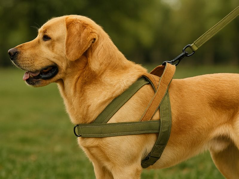 Green soft padded reflective dog harness with no-pull design, enhanced visibility with adjustable straps, secure buckle.